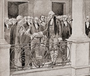 A primeira inauguração de George Washington, em 30 de abril de 1789, de The History of Our Country, publicada em 1905